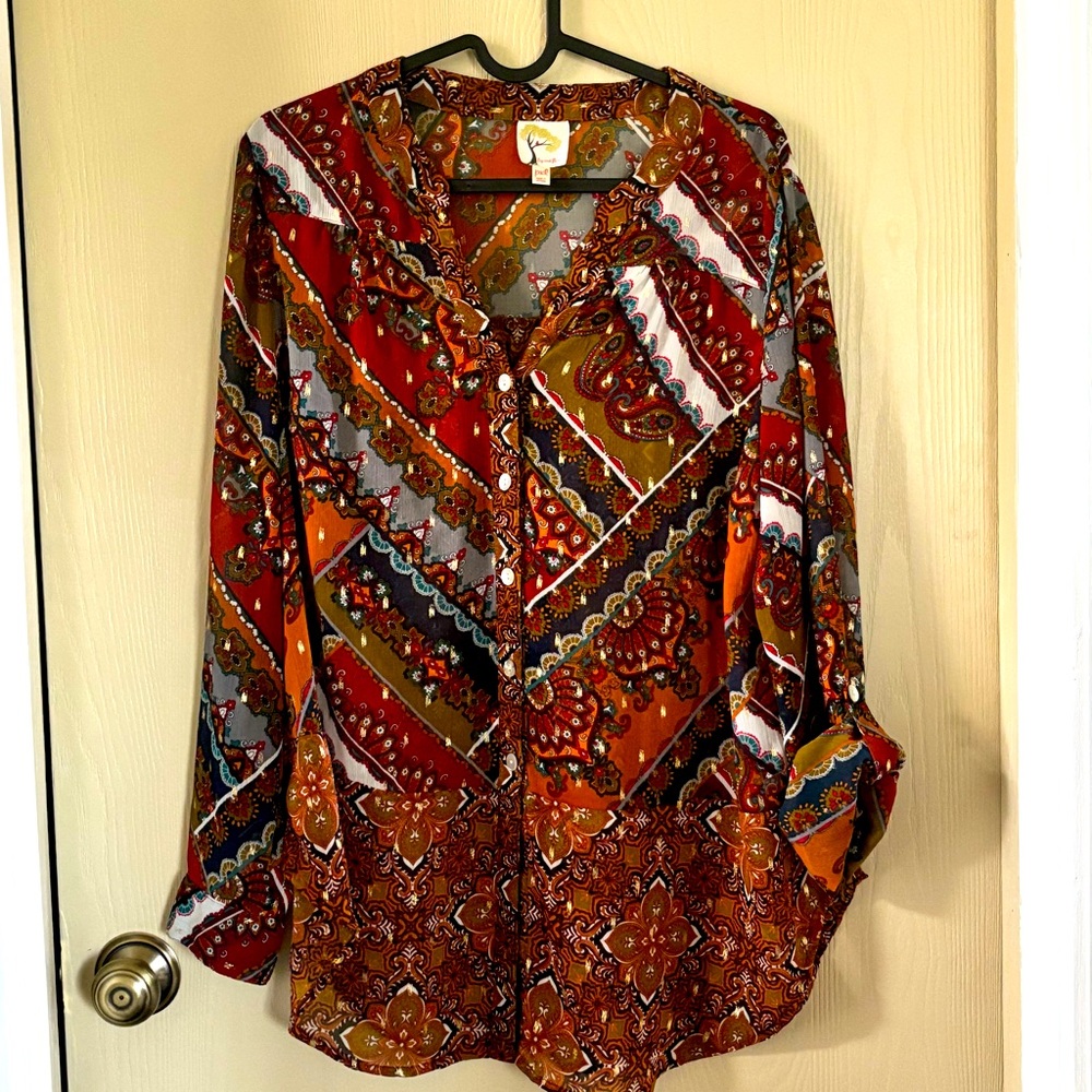 Fig & Flower for Anthropologie, fall button up tunic w/multi print, gold accents